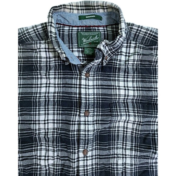 Woolrich Trout Run Plaid Flannel Shirt Men's Large Black White Gray Lumberjack - Picture 1 of 9